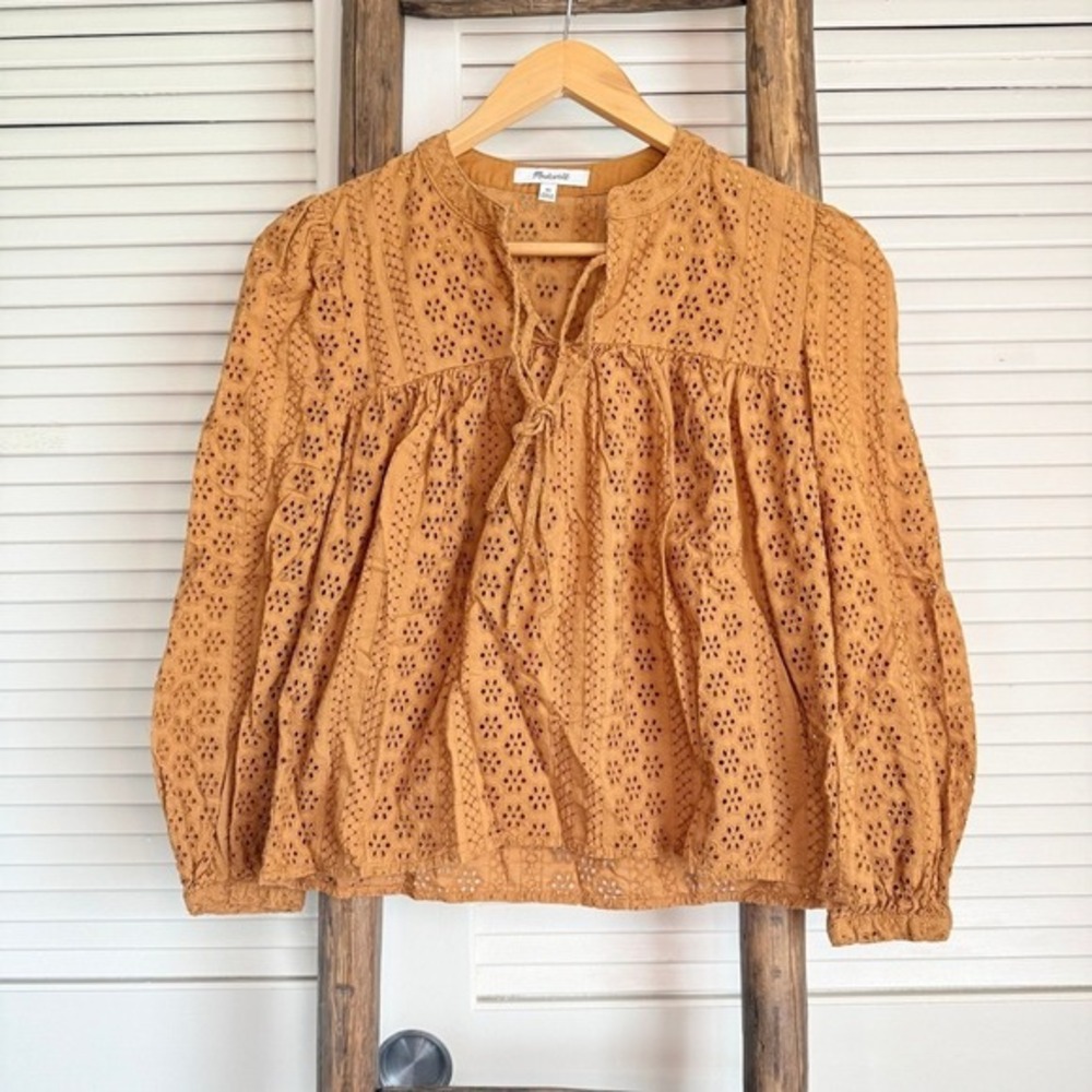 Madewell Eyelet Blouse‎ Womens XS OrangeTie Neck Long Sleeve Top